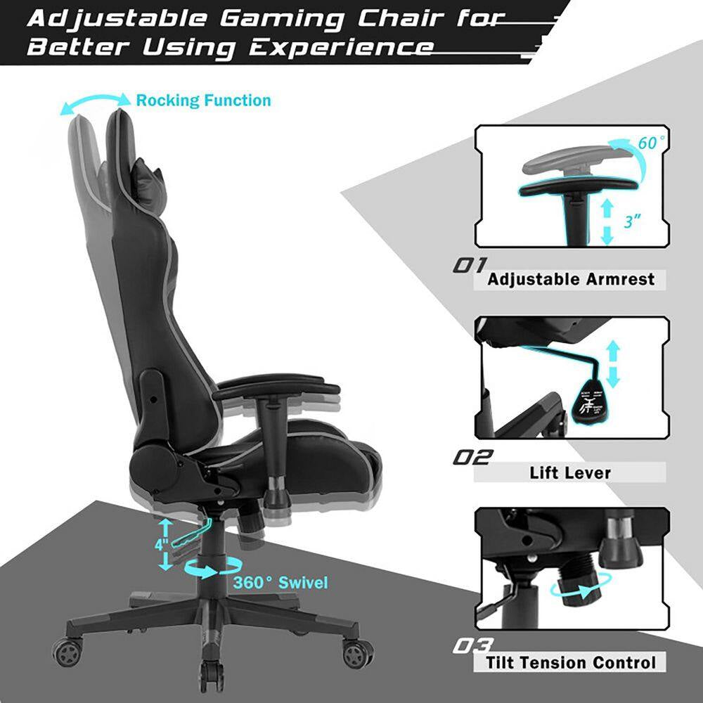Gray Faux Leather Ergonomic Reclining Swivel Massage Gaming Computer Chair with Comfy Lumbar Support