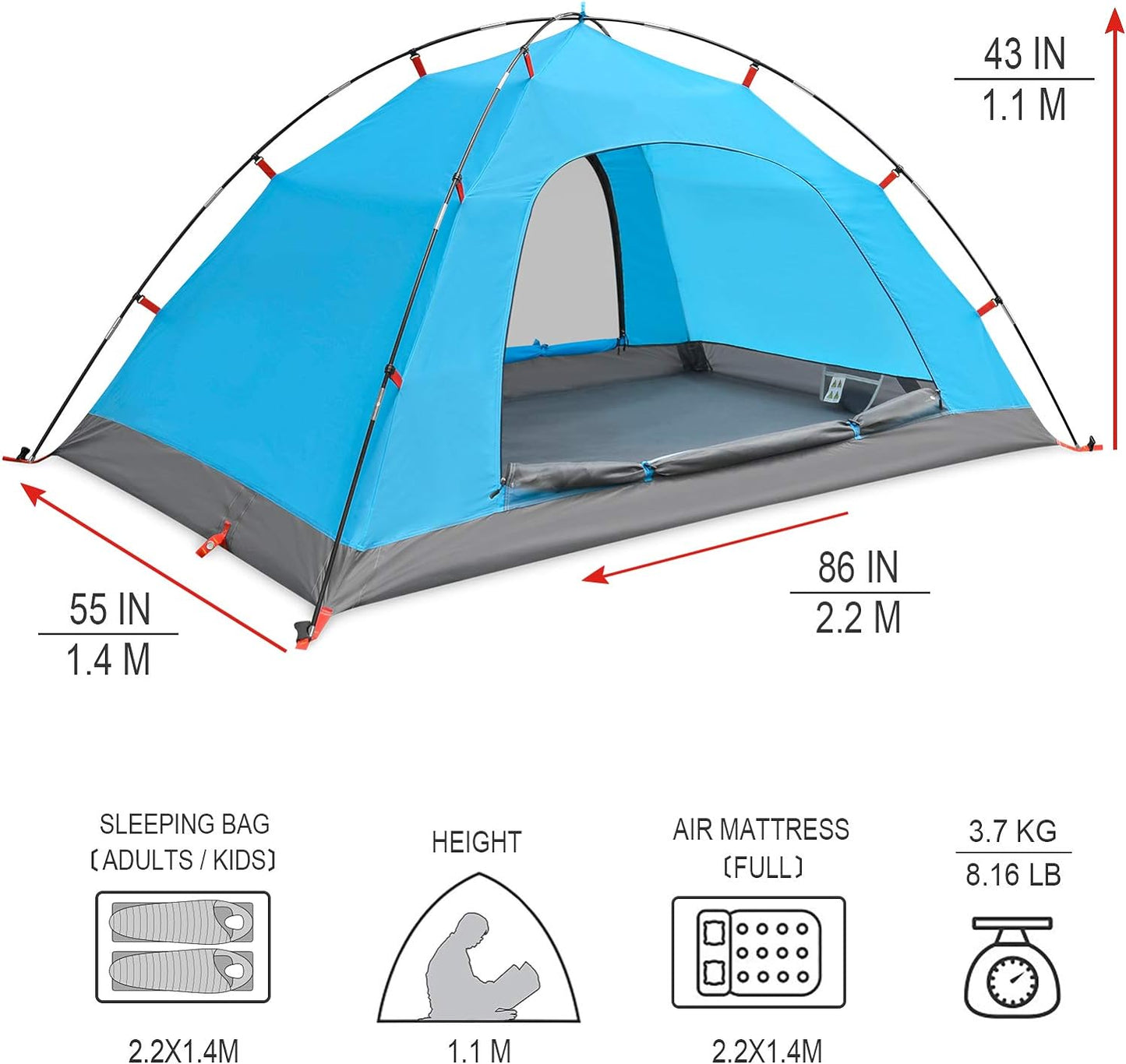 2／4 Person Camping Tent Outdoor Waterproof Family Large Tents 2/4 People Easy Setup Tent with Porch Double Layer