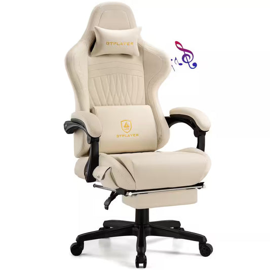 Gaming Chair with Dual Bluetooth Faux Leather Computer Chair with Footrest Ergonomic Computer Seat, Ivory