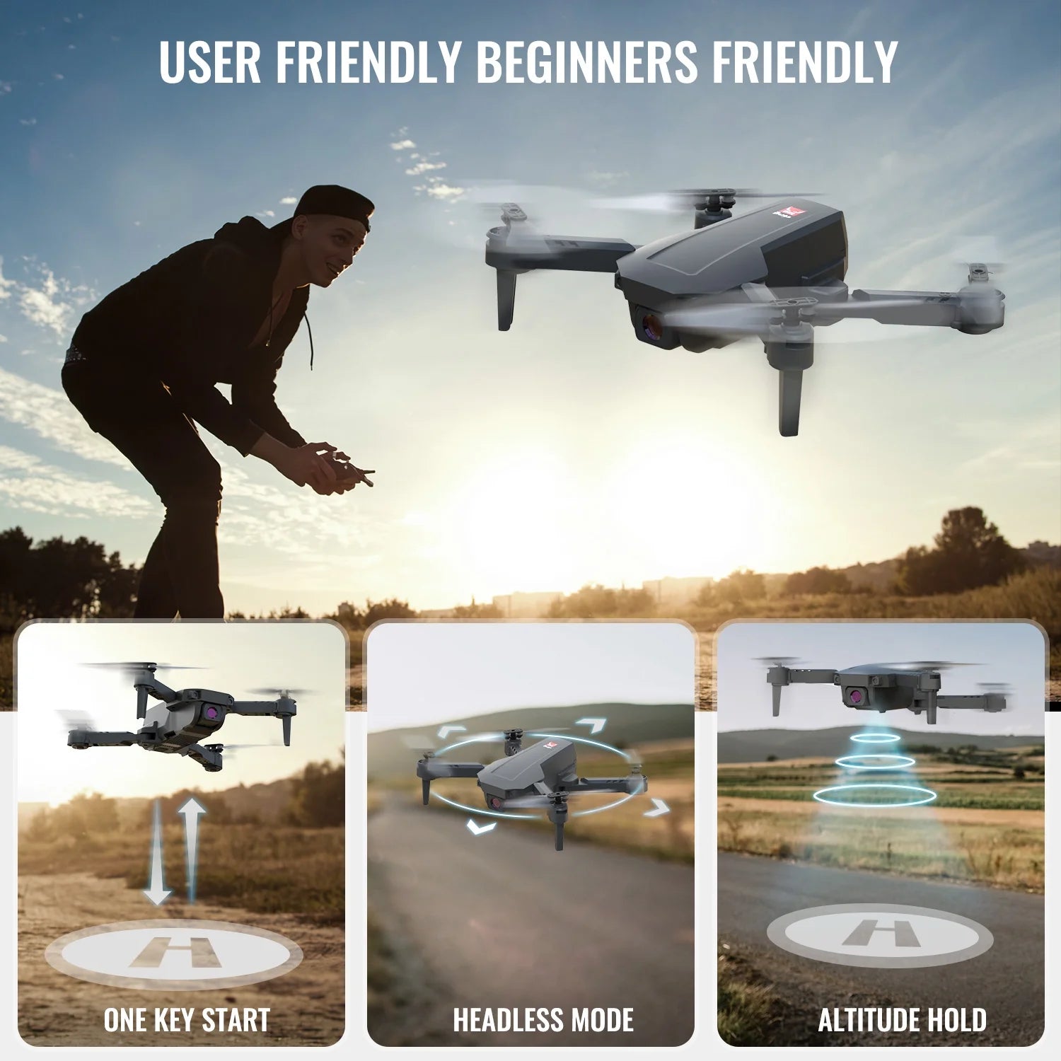Mini Foldable Drone, 1080P HD FPV Camera Wifi RC Quadcopter, Voice/Gesture Control, for Kids Adult and Beginners Black