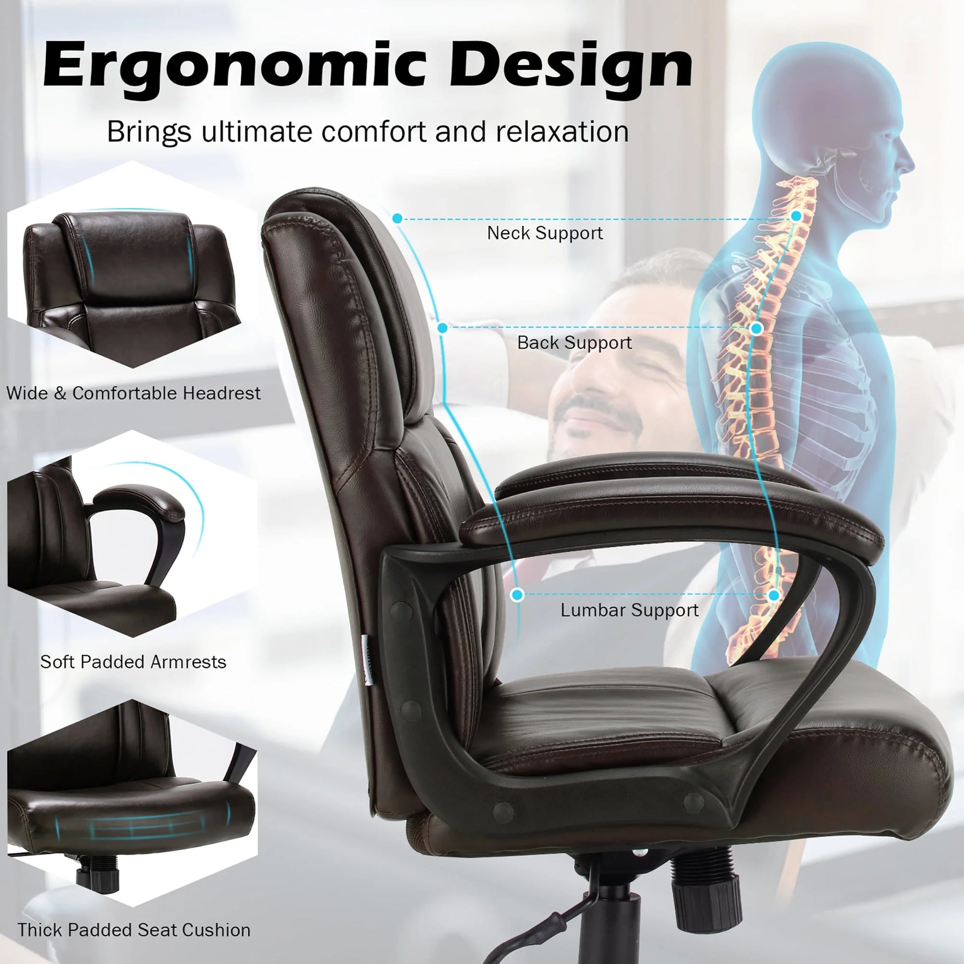 Executive Leather Office Chair Adjustable Computer Desk Chair W/ Armrest