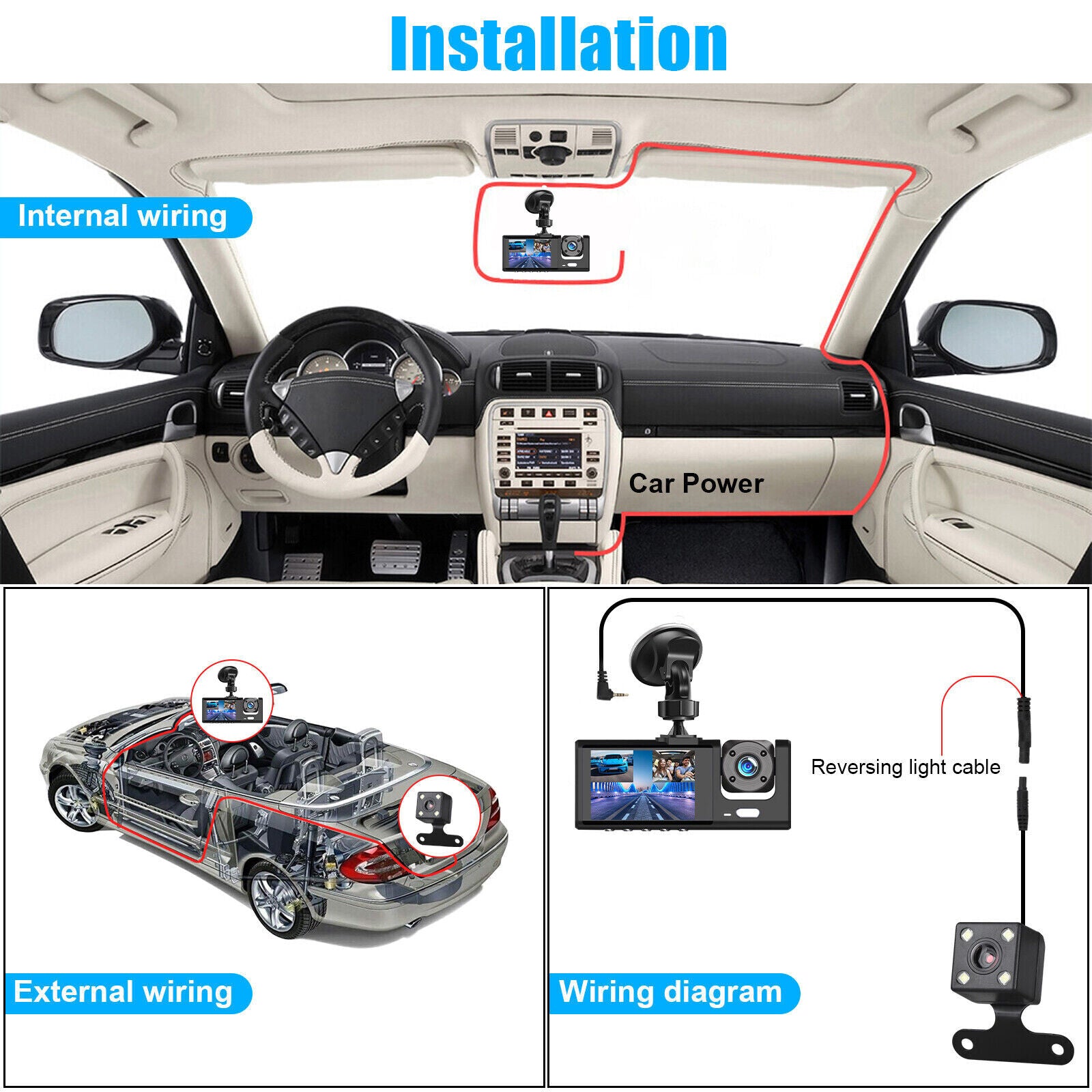 3 Lens Car DVR Dash Cam 1080P Front/Inside/R
