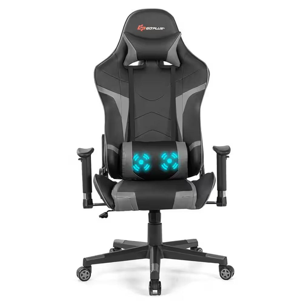 Gray Faux Leather Ergonomic Reclining Swivel Massage Gaming Computer Chair with Comfy Lumbar Support