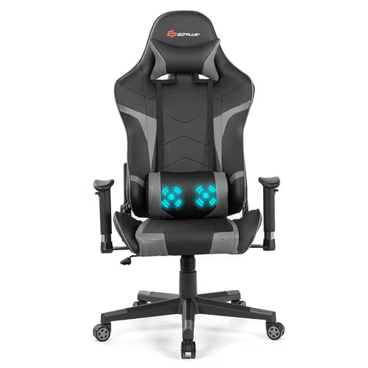 Gray Faux Leather Ergonomic Reclining Swivel Massage Gaming Computer Chair with Comfy Lumbar Support