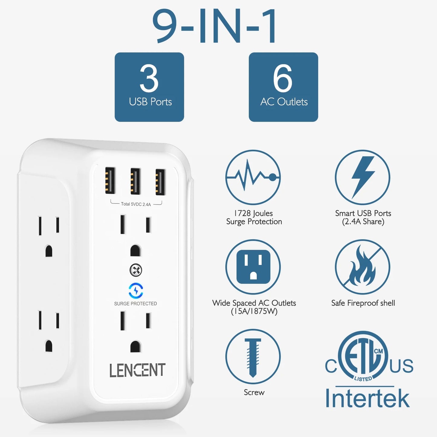 Outlet Extender with Usb, Multi Plug Outlet Adapter Wall Surge Protector 6 AC&3 USB Wall Power Expander Charger for HOME