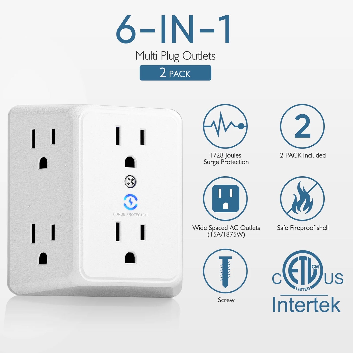 Multi Wall Plug Outlet Extender,6 Way Outlet Adapter with Surge Protector,2 to 3 Prong 6 AC Power Outlet Splitter Wall Tap for Home Office 2 PACK