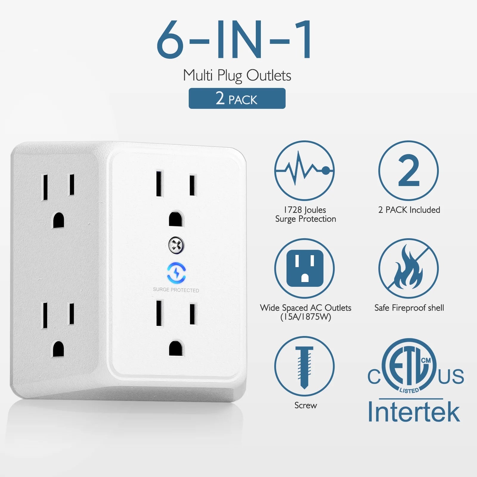 Multi Wall Plug Outlet Extender,6 Way Outlet Adapter with Surge Protector,2 to 3 Prong 6 AC Power Outlet Splitter Wall Tap for Home Office 2 PACK
