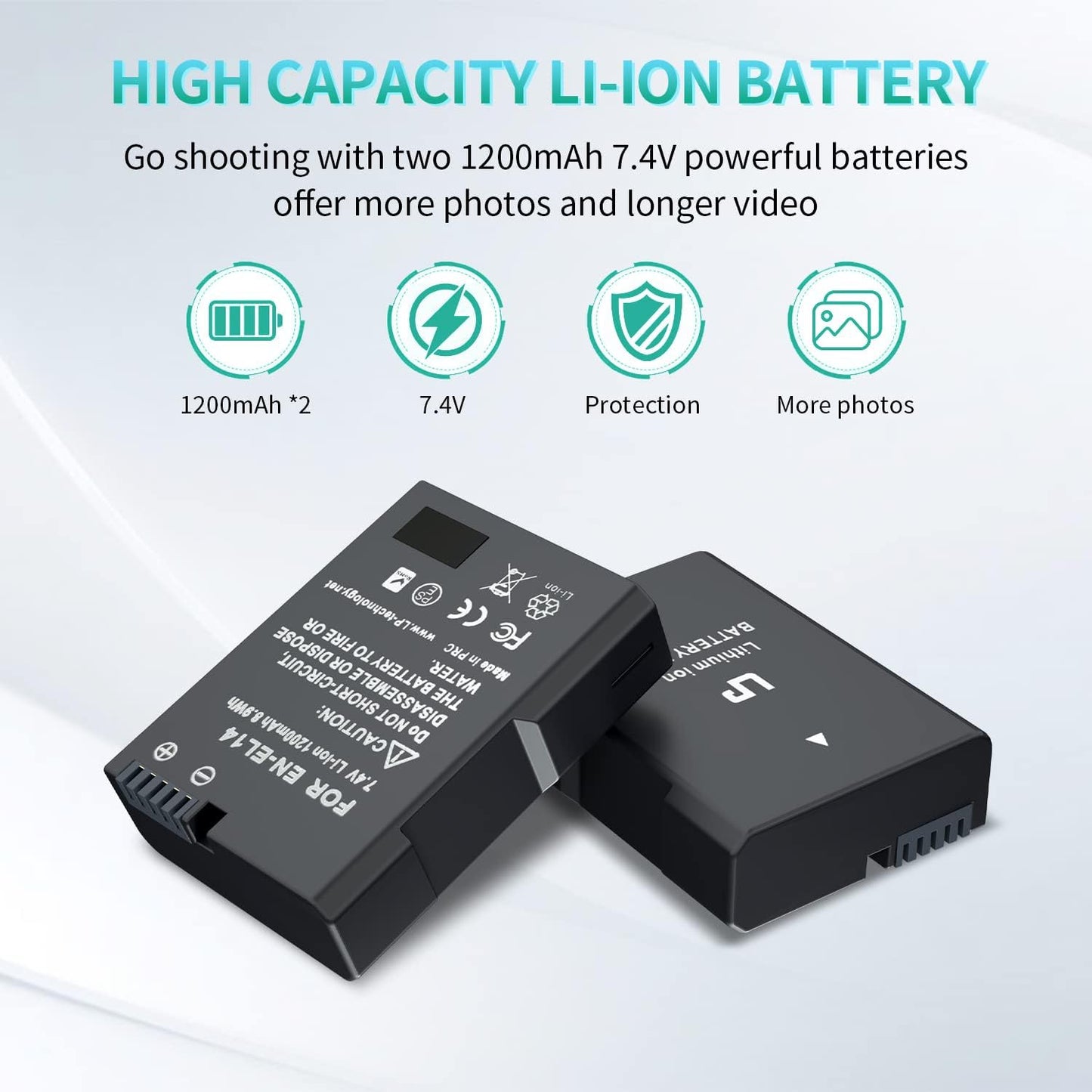 EN-EL14 EN El14A Battery Charger Pack, 2-Pack 1200Mah Battery & Dual Slot Charger, Compatible with Nikon D3100 D3200 D3300 D3400 D3500 D5100 D5200 D5300 D5500 D5600 DF P7000 P7100 P7700 P7800