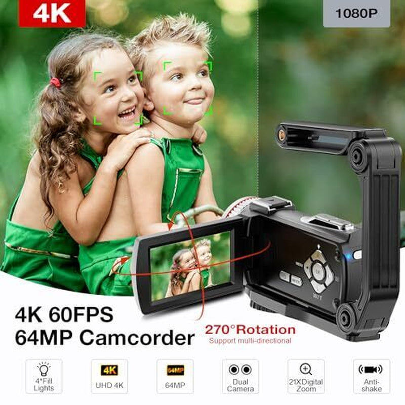 4K Video Camera Camcorder, 64MP UHD Vlogging Dual Camera for Youtube, 21X