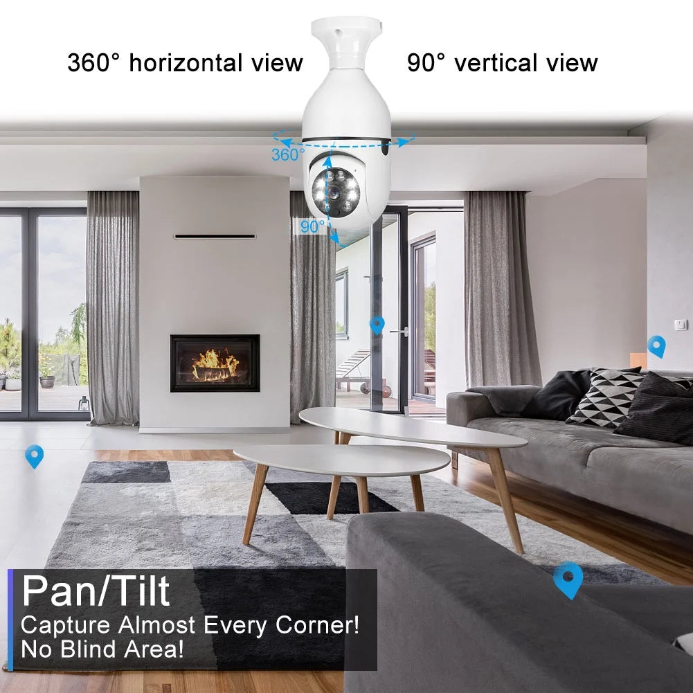 Home Security Camera Wireless WIFI Outdoor Surveillance Camera with Light Bulb 1080 HD Motion Detection 360 Degree Wide Angle