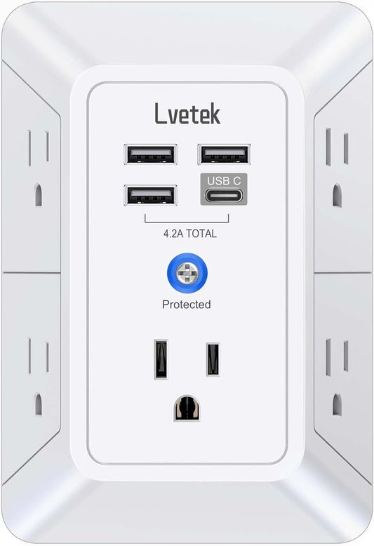 5 Outlet Surge Protector Wall Mountable Charger with 4 USB Ports - 1680J Multi P
