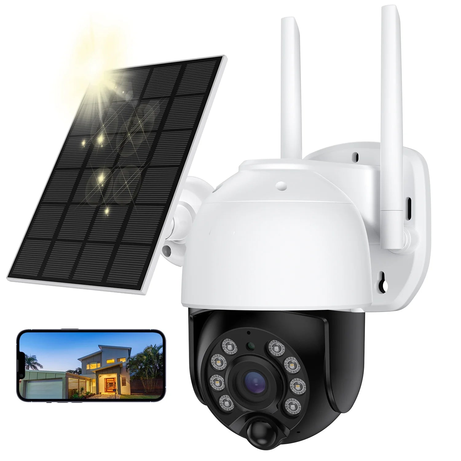 2K Solar Security Camera Outdoor, Security Camera Wireless Wifi with Spotlight, 4X Digital Zoom, 360° View, PIR Motion Detection, Full Color Night Vision, IP66 Waterproof, Two-Way Talk