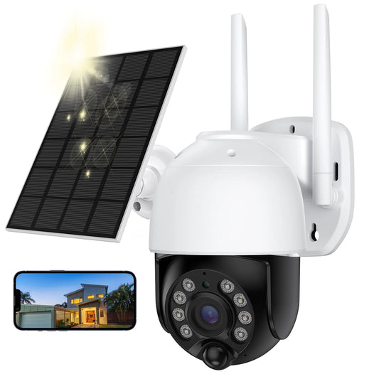 2K Solar Security Camera Outdoor, Security Camera Wireless Wifi with Spotlight, 4X Digital Zoom, 360° View, PIR Motion Detection, Full Color Night Vision, IP66 Waterproof, Two-Way Talk