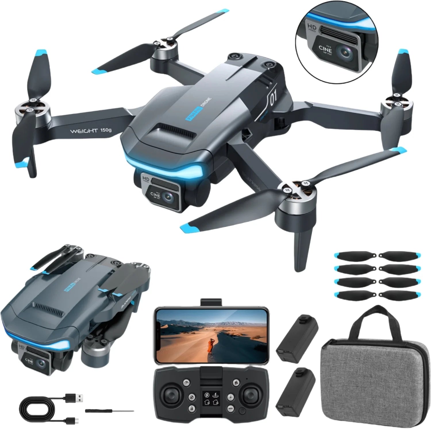 GPS Drones with Camera for Adults, F194 1080HD Foldable Lightweigh Drones Quadcopter for Beginner and Adults, Follow Me, 2 Battery.