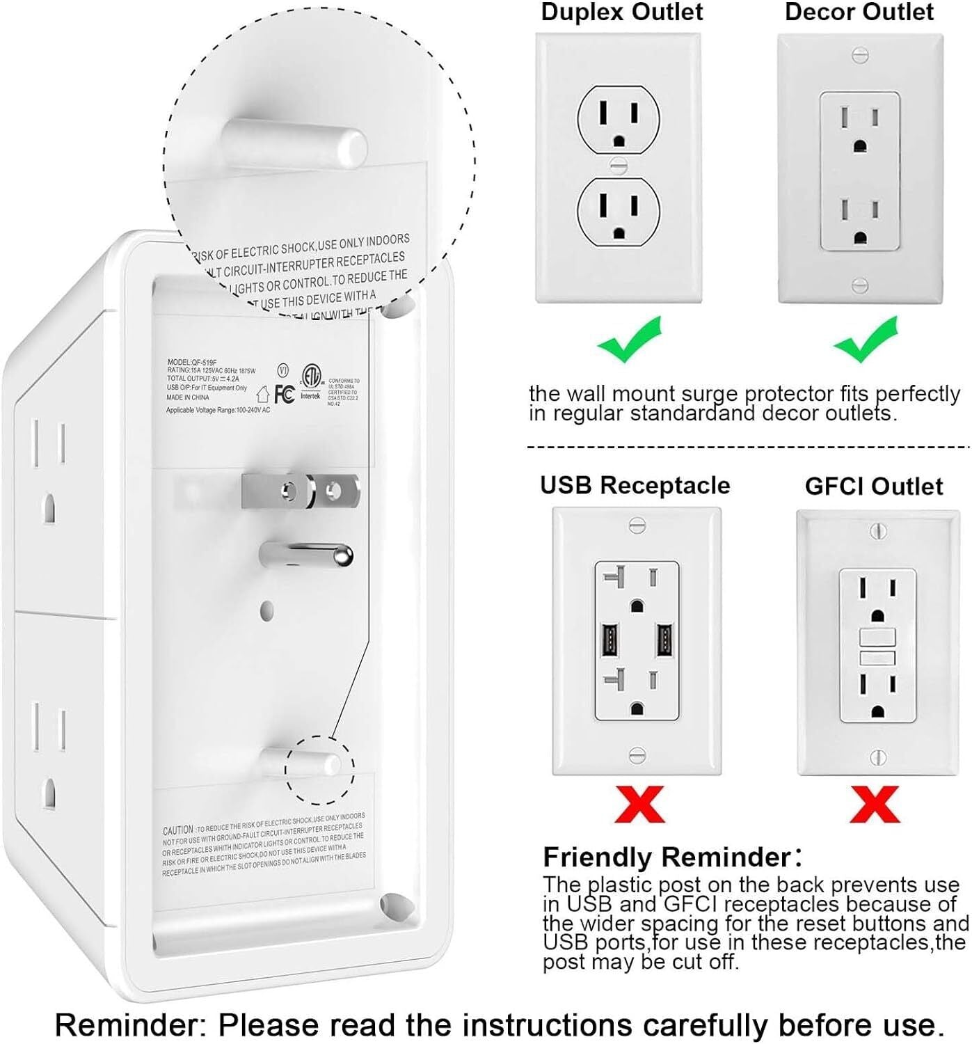 5 Outlet Surge Protector Wall Mountable Charger with 4 USB Ports - 1680J Multi P