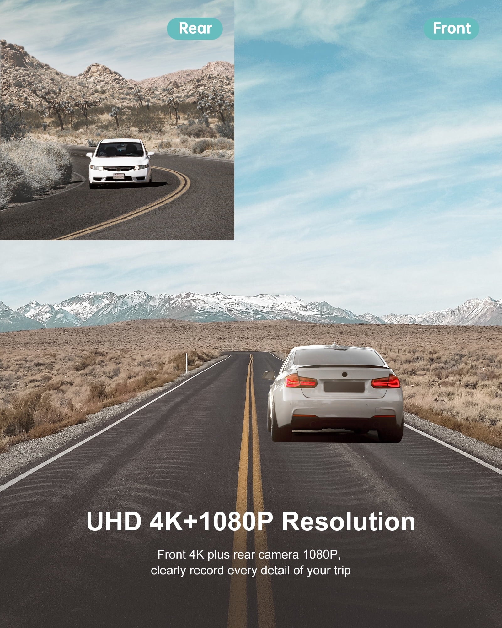 4K Dash Cam Front and Rear Wi-Fi GPS, 3" Touchscreen, 4K+1080P Dual Dashcam, 1 Pack, New