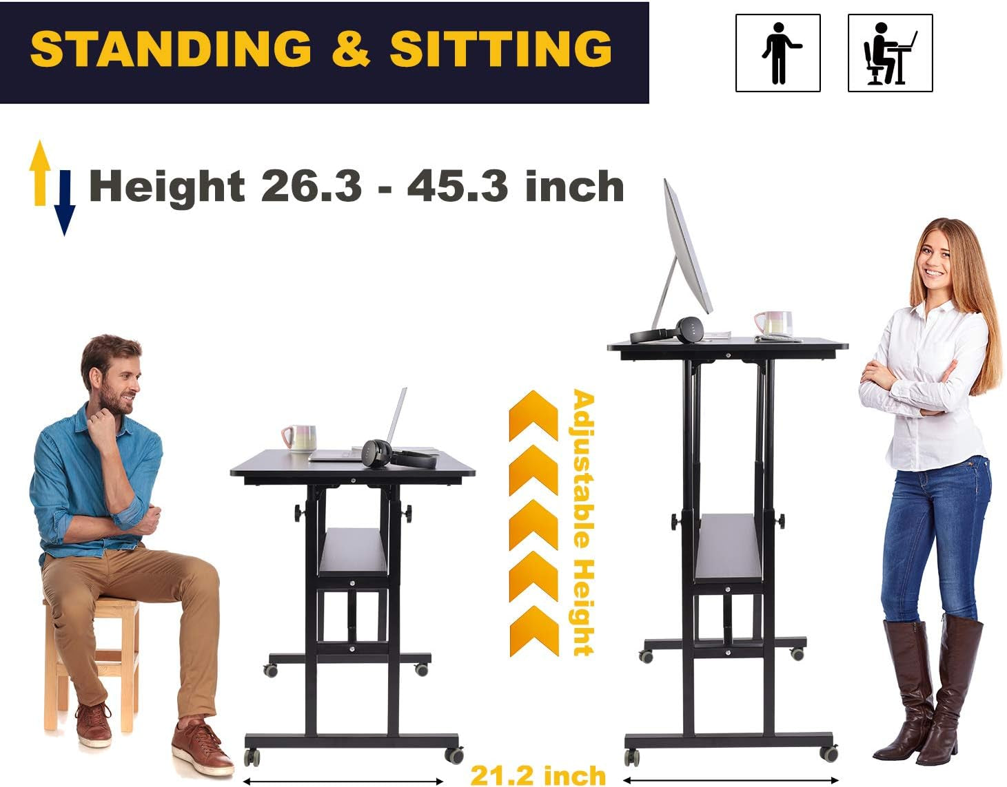 Mobile Standing Desk, Adjustable Computer Desk Rolling Laptop Cart on Wheels Home Office Computer Workstation, Portable Laptop Stand Tall Table for Standing or Sitting, Black, 39.4" X 23.6"