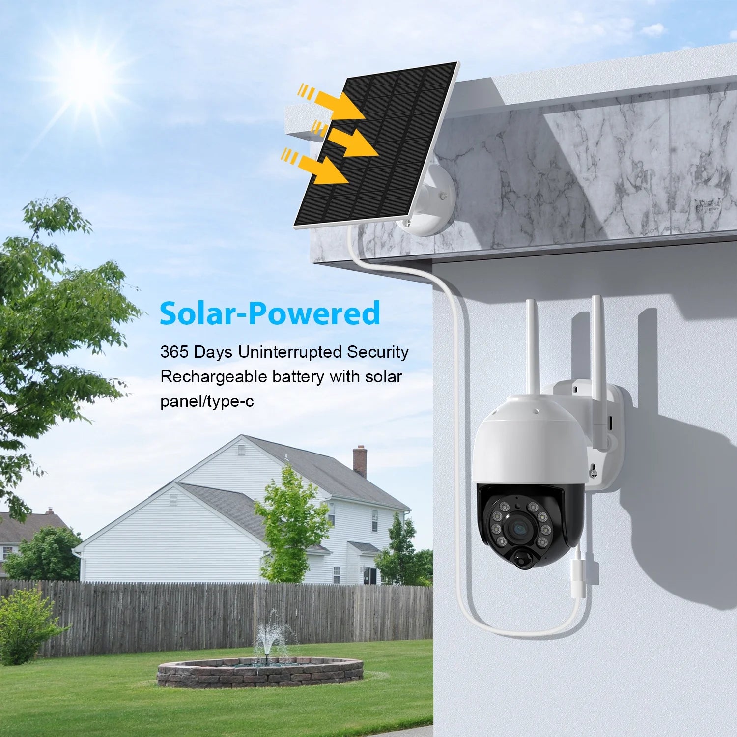 2K Solar Security Camera Outdoor, Security Camera Wireless Wifi with Spotlight, 4X Digital Zoom, 360° View, PIR Motion Detection, Full Color Night Vision, IP66 Waterproof, Two-Way Talk