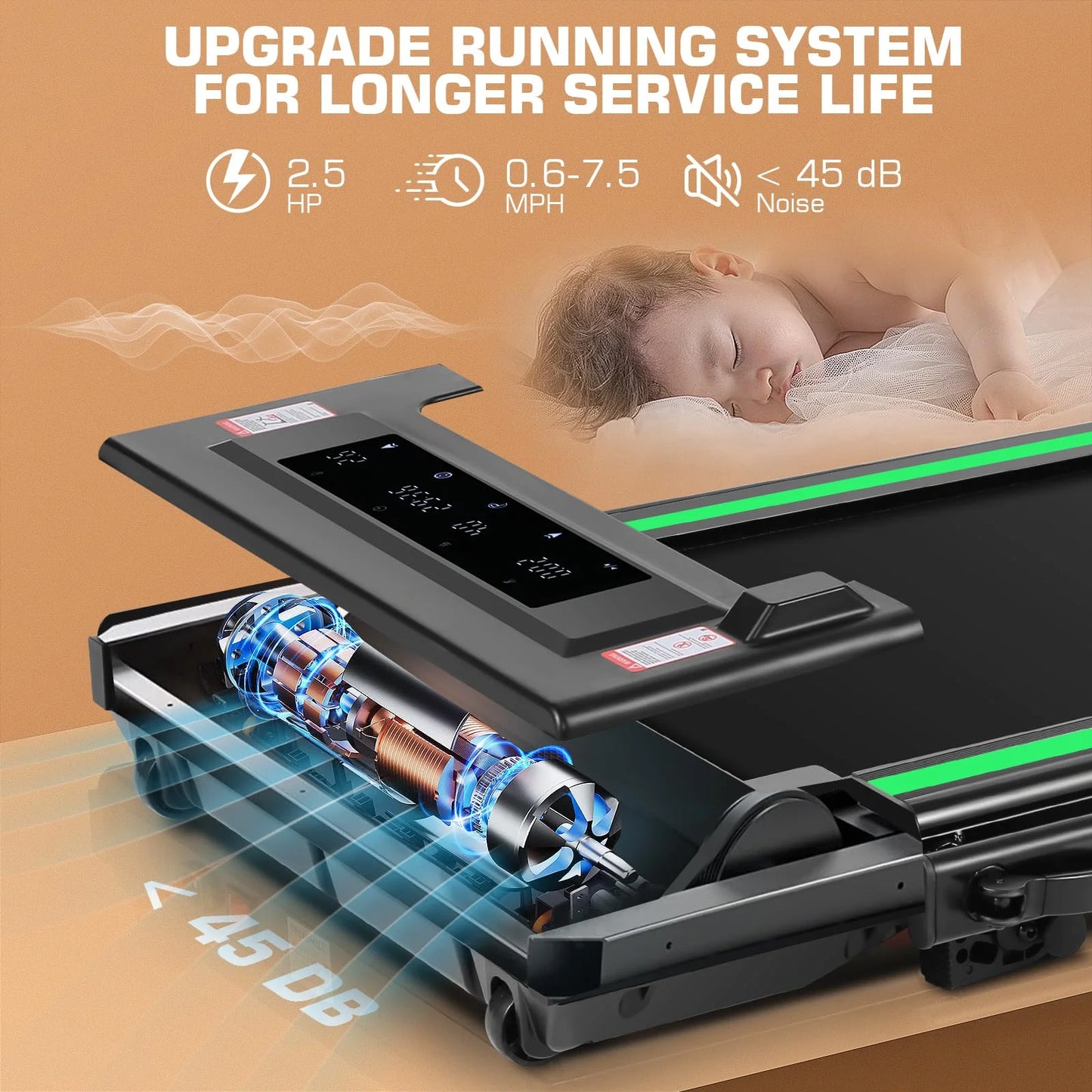 2 in 1 under Desk Folding Treadmill with 250 Lb Capacity, Walking Pad/Compact Electric Treadmill for Home/Gym/Office with LED Touch Screen, Remote Watch, Speed Range 0.6-7.5 Mph
