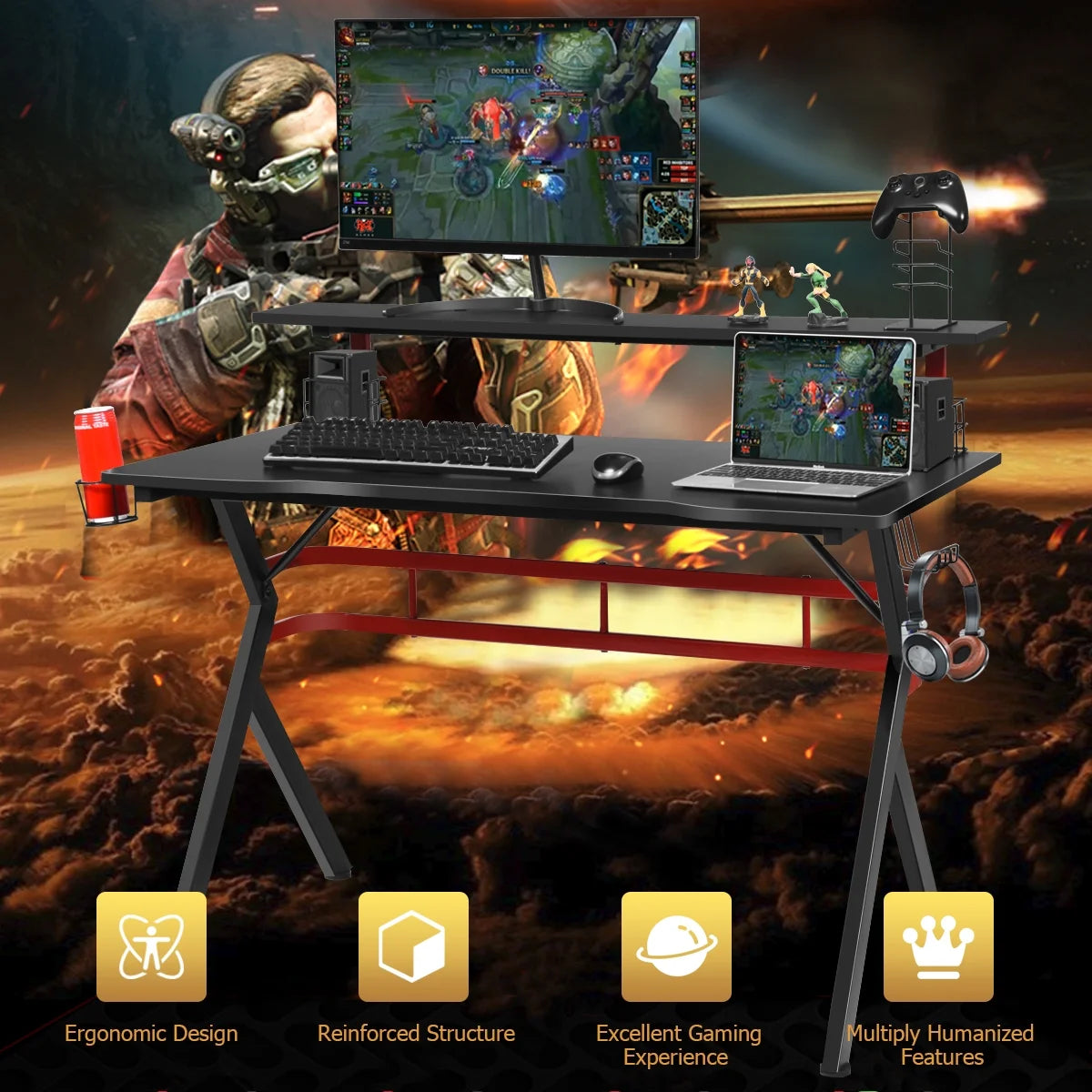 Gaming Computer Desk W/ Monitor Shelf & Storage for Controller Headphone Speaker