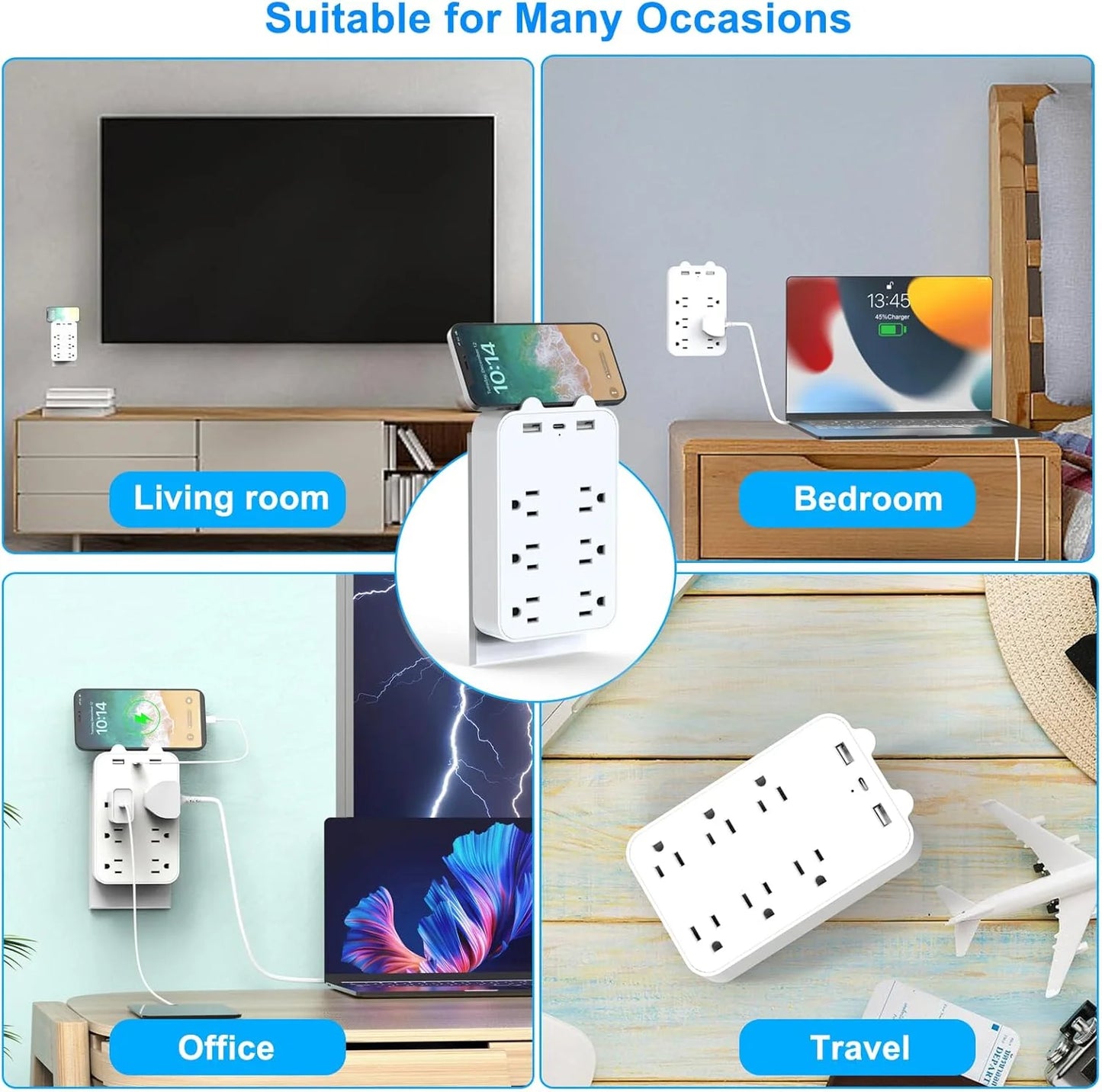 Wall Charger Surge Protector Power Strip Extension Cord 6 Outlet Extender with 3 USB Charging Ports 1050J Multi Plug Outlets Fast Wall Adapter Spaced for Home Travel Office