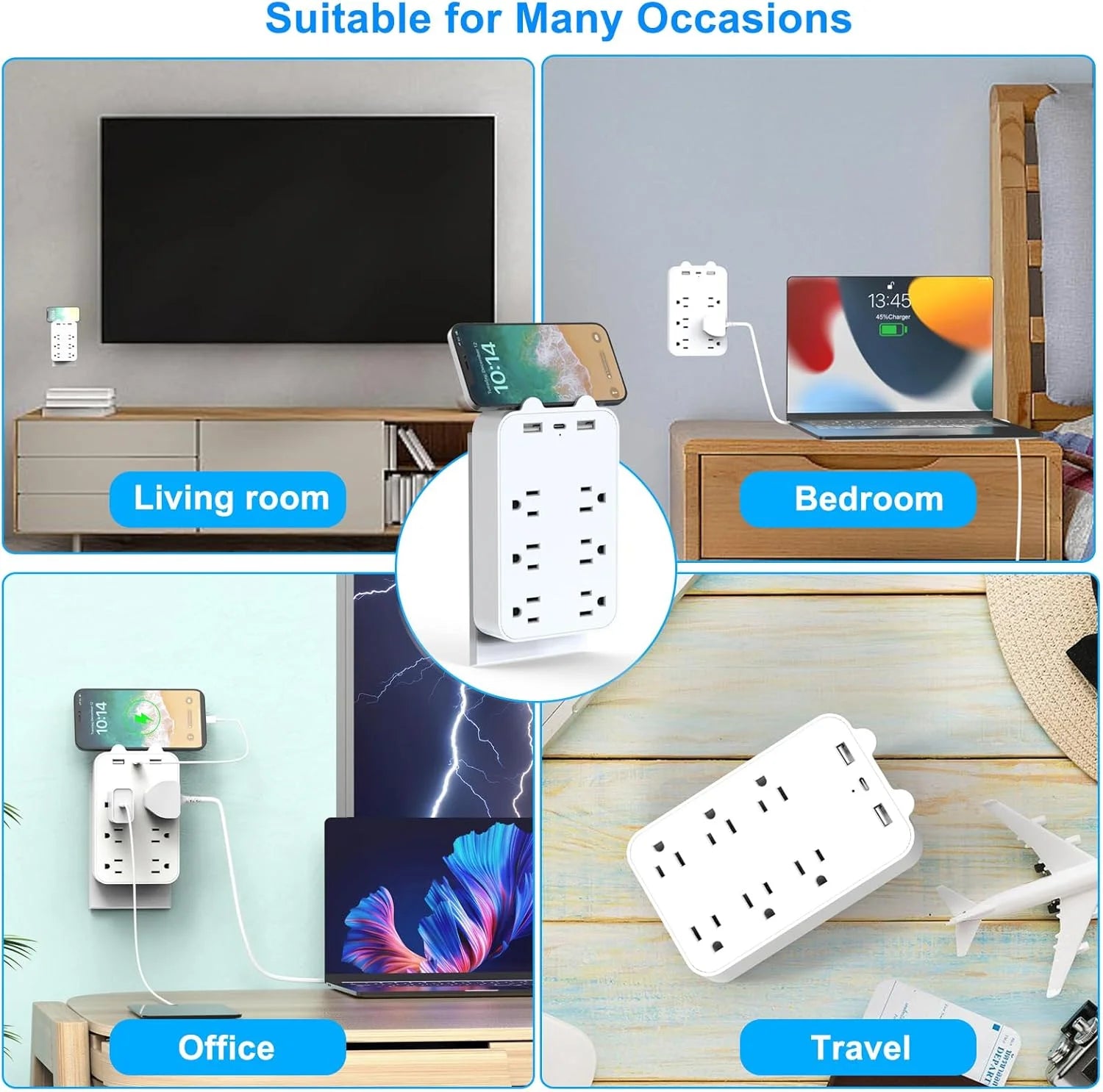 Wall Charger Surge Protector Power Strip Extension Cord 6 Outlet Extender with 3 USB Charging Ports 1050J Multi Plug Outlets Fast Wall Adapter Spaced for Home Travel Office