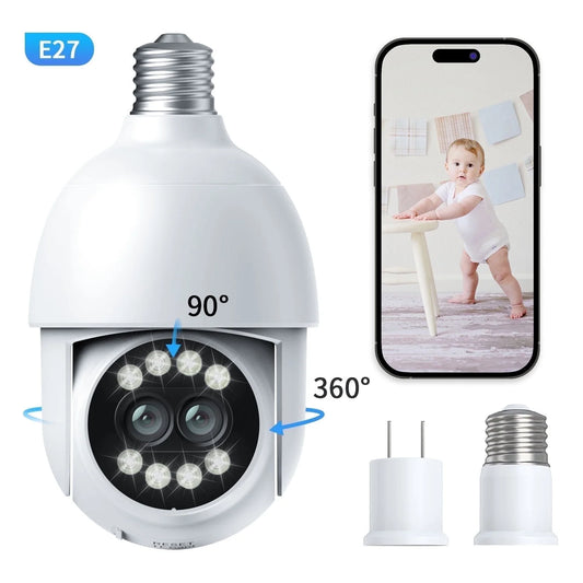 Light Bulb Camera, 4MP Outdoor Surveillance Camera with 360°PTZ, Dual Lens, Full Color Night Vision, White, 1