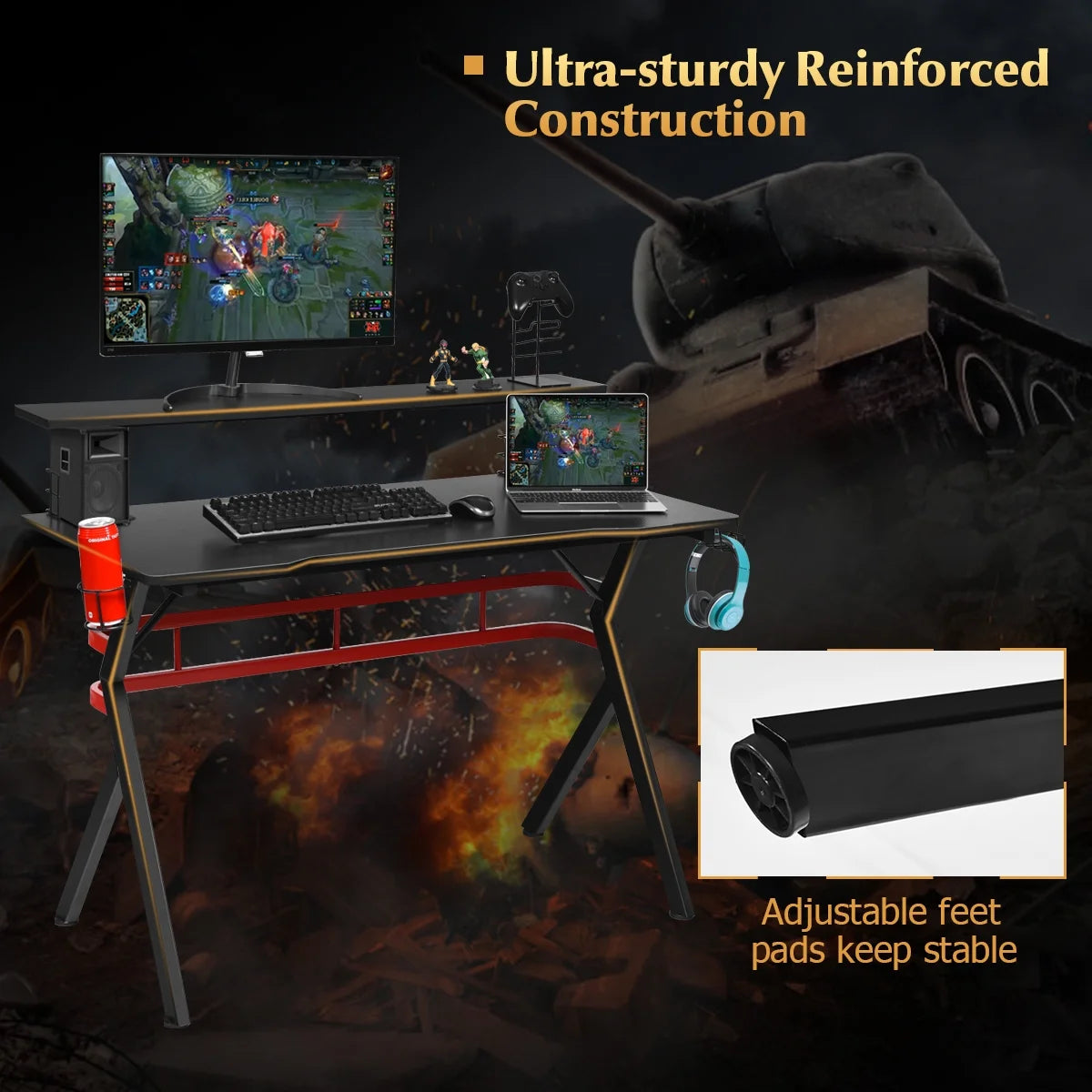Gaming Computer Desk W/ Monitor Shelf & Storage for Controller Headphone Speaker