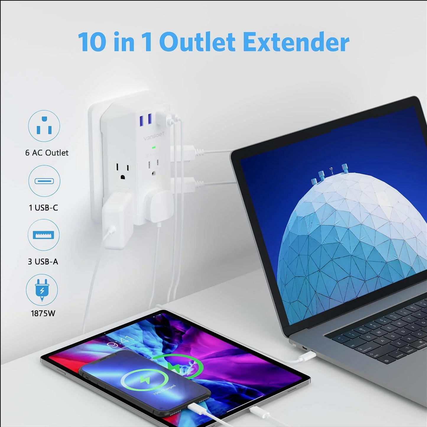 Surge Protector, Outlet Extender with 6 Outlets and 4 USB Ports (1 USB C), 2100 Joules Power Strip, 3 Sided Multi Plug Outlet