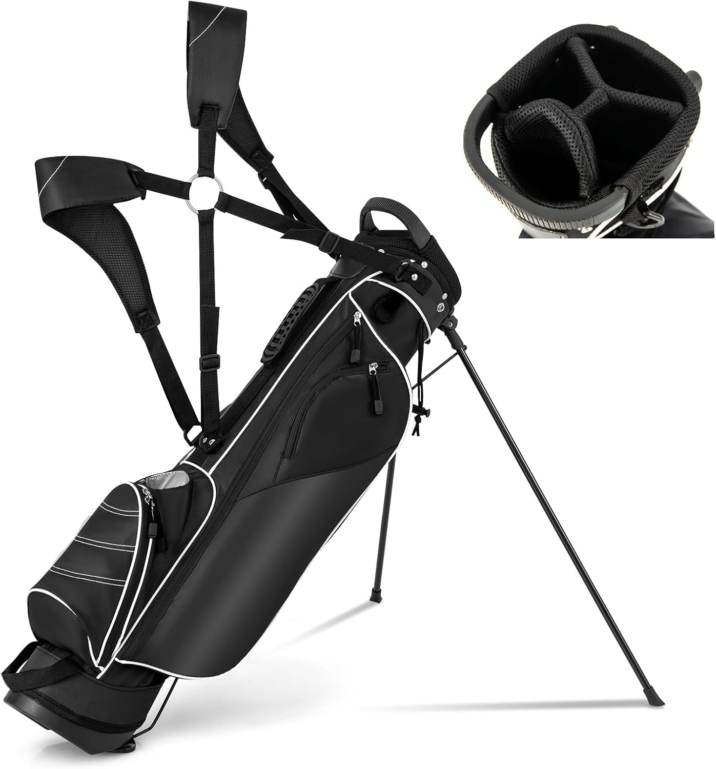 Golf Stand Bag, 4 Way Divider Golf Bag with 4 Zippered Pockets, Cooler Bag, Rain Hood & Padded Shoulder Strap, Lightweight Portable Pitch N Putt Golf Clubs Bag for Men/Women