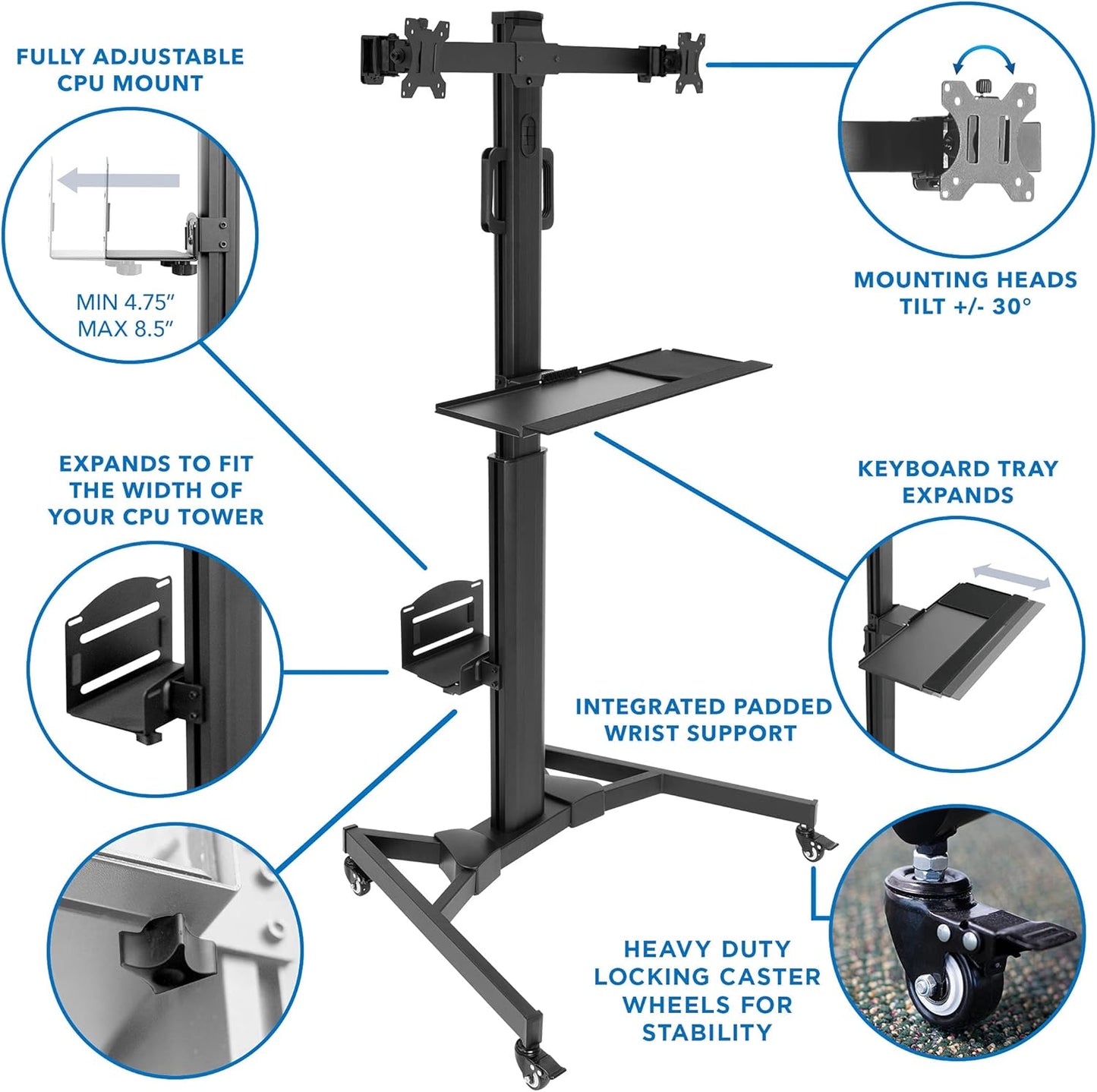 Adjustable Computer Cart, Rolling Computer Desk with Dual Monitors for Screens up to 32", Mobile Desk Workstation with Keyboard Mouse Tray and CPU Holder - Office, Medical, School, Hospital
