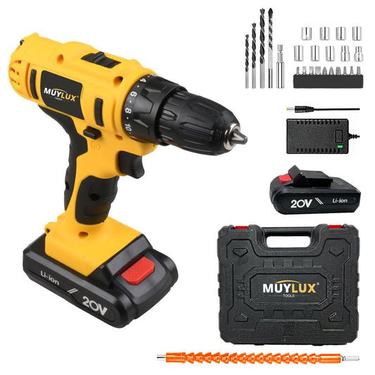 MUYLUX 20V Cordless Drill Set, 18+1 Torque Settings Electric Drill ,3/8 Inch Keyless Chuck, 2-Speed Level for Home Screwdriving and Drilling
