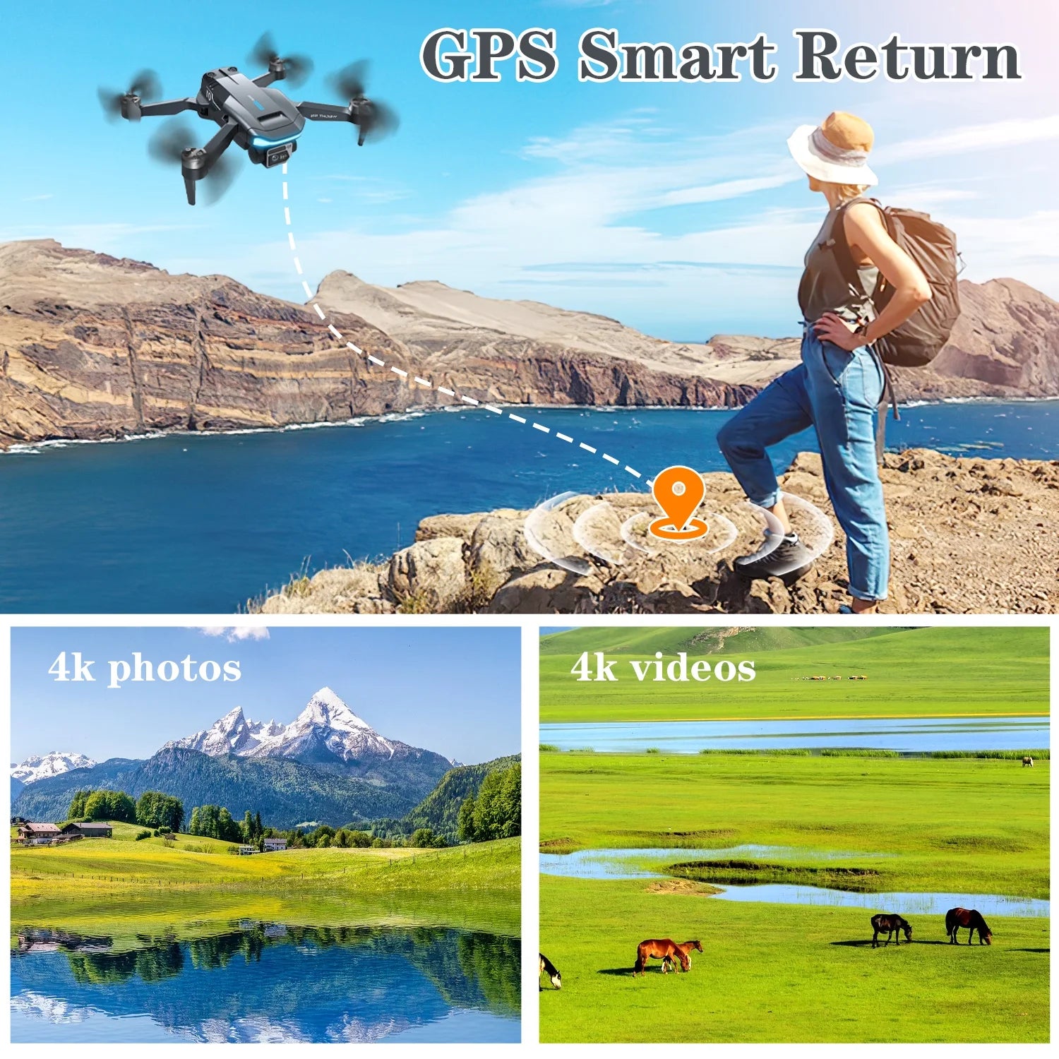 GPS Drones with Camera for Adults, F194 1080HD Foldable Lightweigh Drones Quadcopter for Beginner and Adults, Follow Me, 2 Battery.