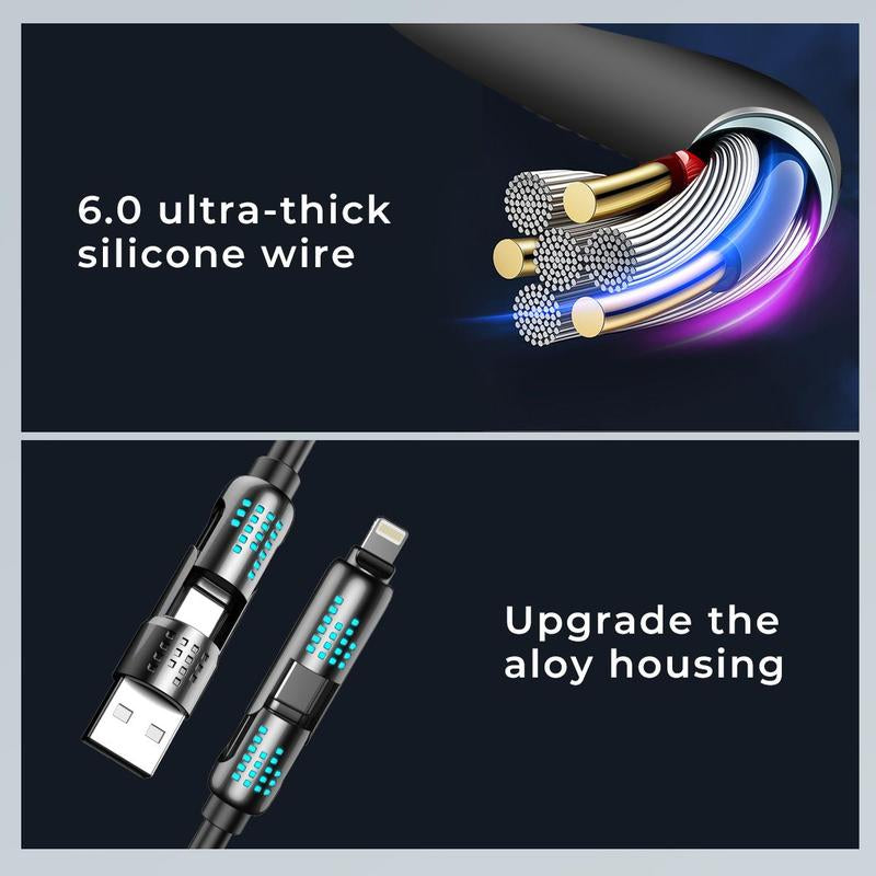 ERAZER 240W 4-In-1 USB-C Cable, 1 Count PD 5A Fast Charging & Data Sync Cable with Breathing Light, Aluminum Alloy Design Cable Compatible with Iphone 16/15, Ipad Pro, Samsung, and Laptops Android Device