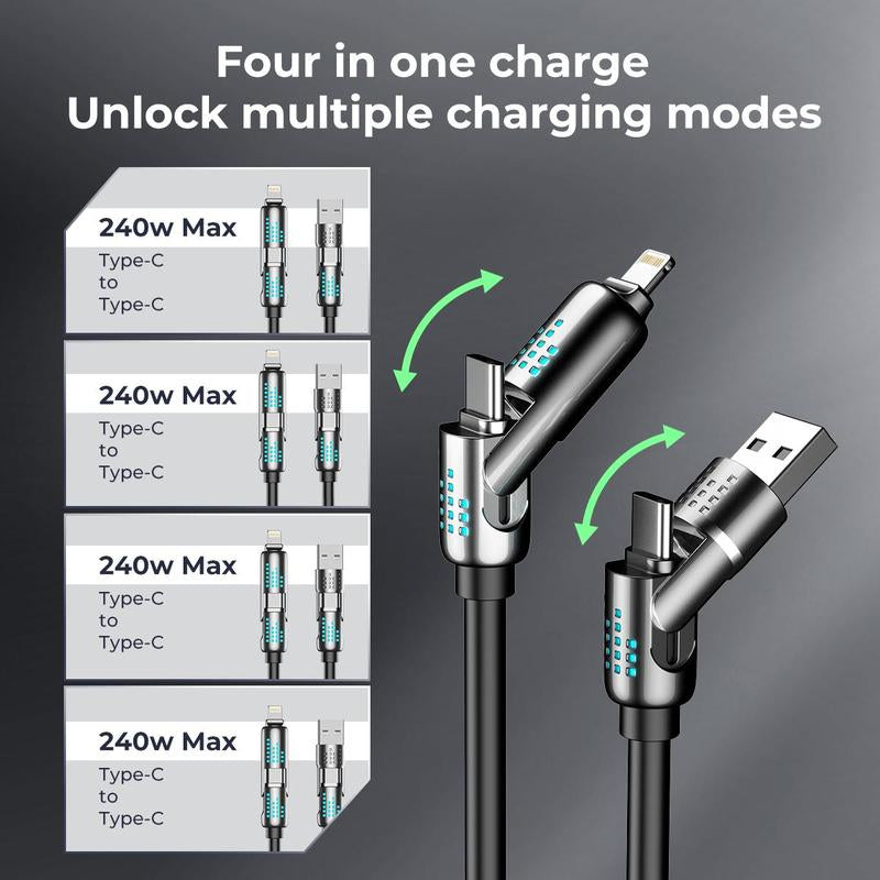 ERAZER 240W 4-In-1 USB-C Cable, 1 Count PD 5A Fast Charging & Data Sync Cable with Breathing Light, Aluminum Alloy Design Cable Compatible with Iphone 16/15, Ipad Pro, Samsung, and Laptops Android Device