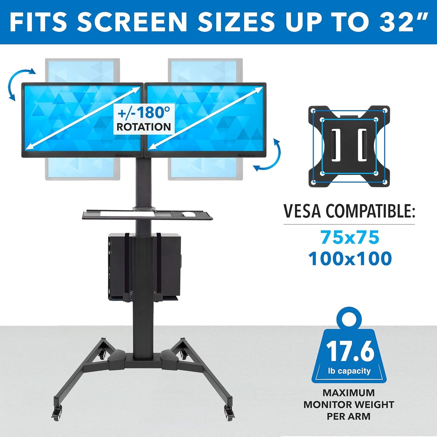 Adjustable Computer Cart, Rolling Computer Desk with Dual Monitors for Screens up to 32", Mobile Desk Workstation with Keyboard Mouse Tray and CPU Holder - Office, Medical, School, Hospital