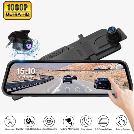 Rear View Mirror Camera, Dash Cam Front and Rear Full Touch Screen FHD 1080P for Car , Waterproof Backup WDR Camera, Night Vision, G-Sensor, Parking Moniter