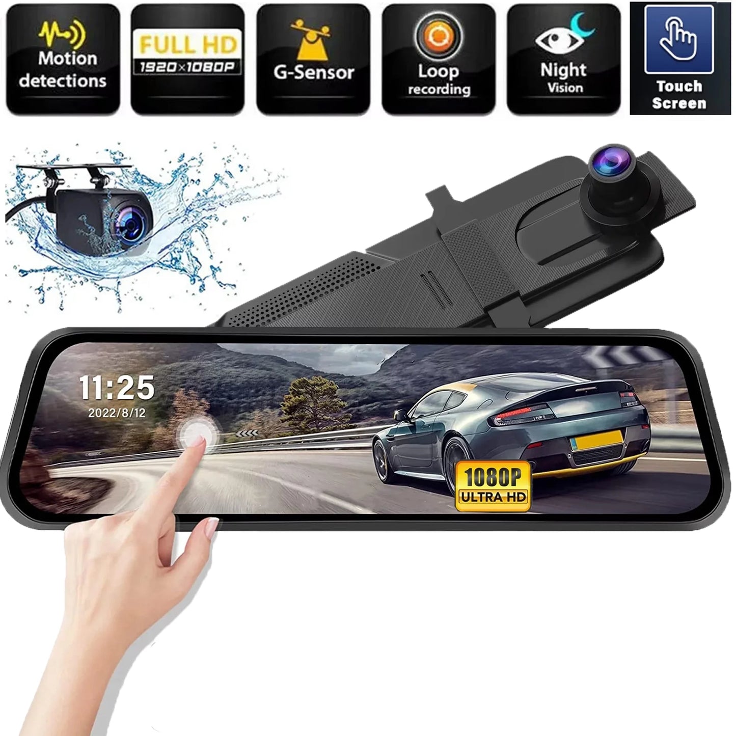 10" 1080P Mirror Dash Cam, Full Touch Screen Backup Camera Front and Rear View Parking Monitor with Super Night Vision, Motion Detection, G-Sensor