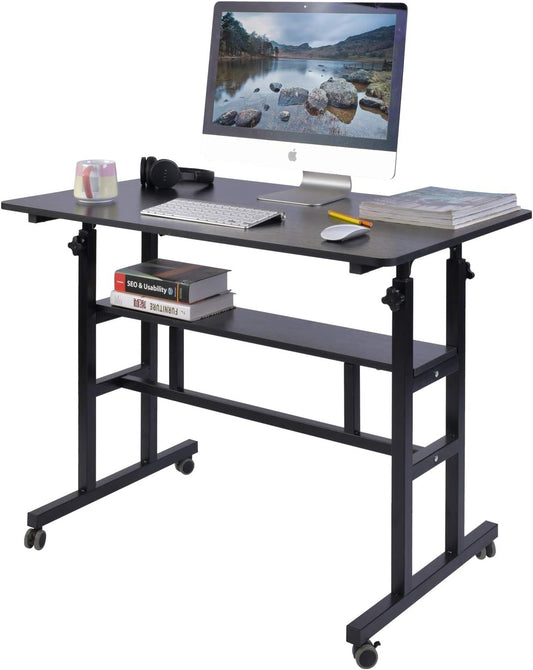 Mobile Standing Desk, Adjustable Computer Desk Rolling Laptop Cart on Wheels Home Office Computer Workstation, Portable Laptop Stand Tall Table for Standing or Sitting, Black, 39.4" X 23.6"