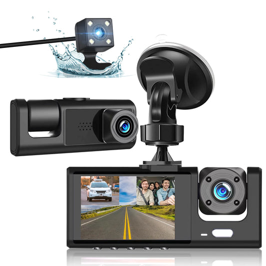 Dash Cam Front and Rear,  3 Channel Dual Dash Camera, 1080P Car Camera DVR Backup Cam, 3 Way Triple Dashboard Driving Recorder, inside IR Night Vision, G-Sensor, Parking Mode