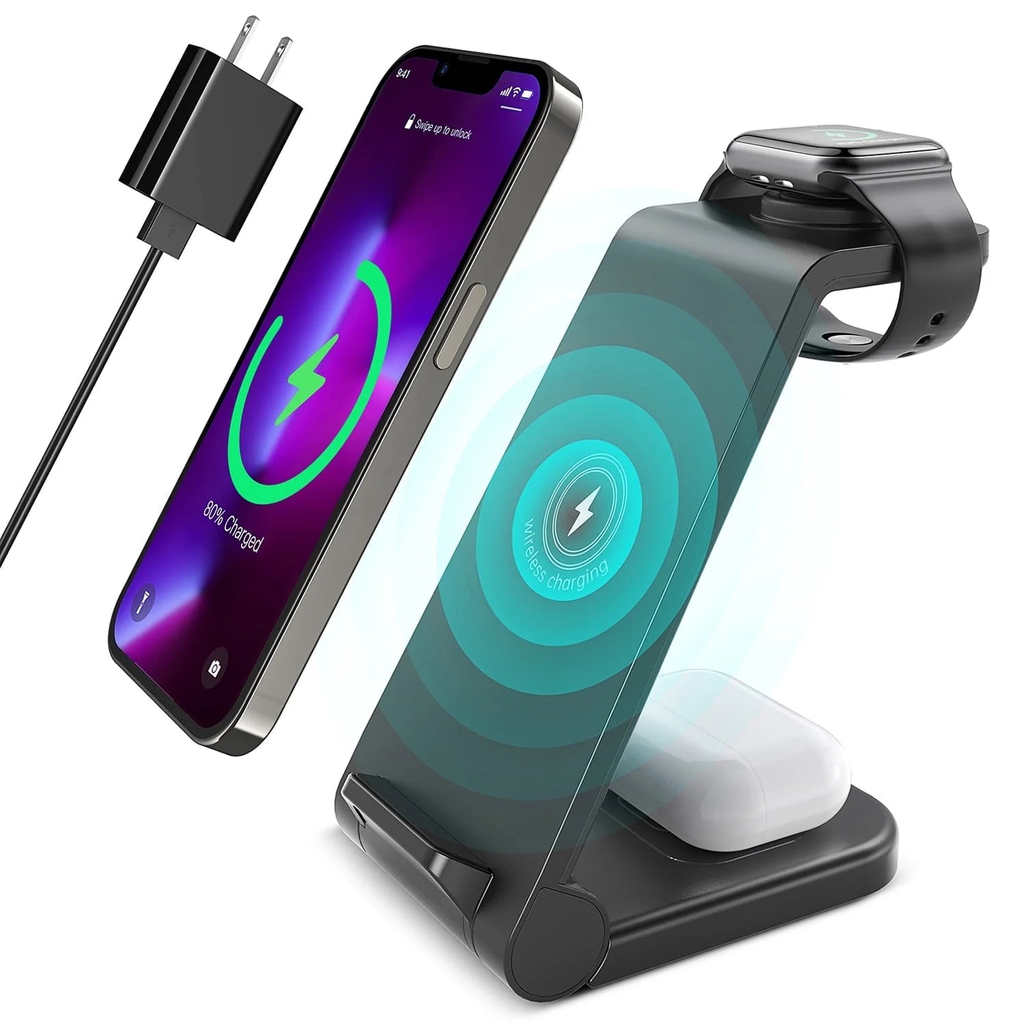 Wireless Charger, 23W 3 in 1 Fast Charging Dock,Charging Station for Iphone 16/15/14/13/12/11 Pro Max, Airpods 4/3/2/Pro, Iwatch Series 10/9/8/7/6/5/SE/4/3/2, Samsung Charger Stand (Black)