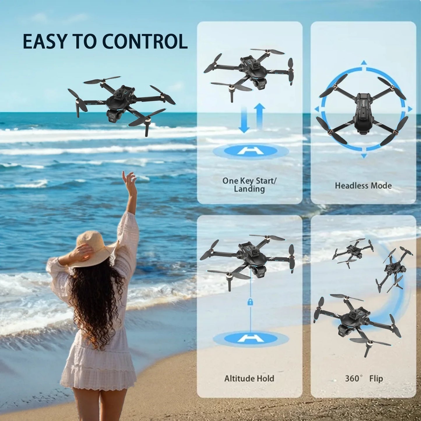 XT606 Drone with 6K UHD Camera,  RC Foldable Drones for Kids Adults Beginners, RC Quadcopter Drone with Brushless Motor, Headless Mode, Optical Flow Position, 2 Batteries, Black