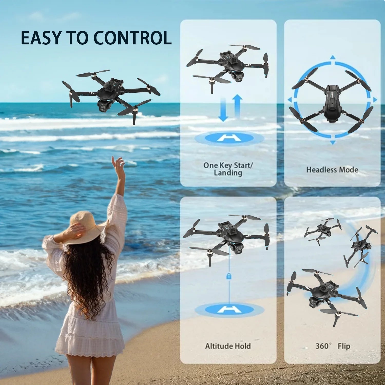 XT606 Drone with 6K UHD Camera,  RC Foldable Drones for Kids Adults Beginners, RC Quadcopter Drone with Brushless Motor, Headless Mode, Optical Flow Position, 2 Batteries, Black