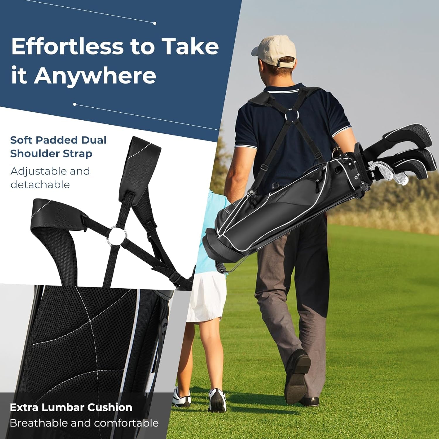 Golf Stand Bag, 4 Way Divider Golf Bag with 4 Zippered Pockets, Cooler Bag, Rain Hood & Padded Shoulder Strap, Lightweight Portable Pitch N Putt Golf Clubs Bag for Men/Women