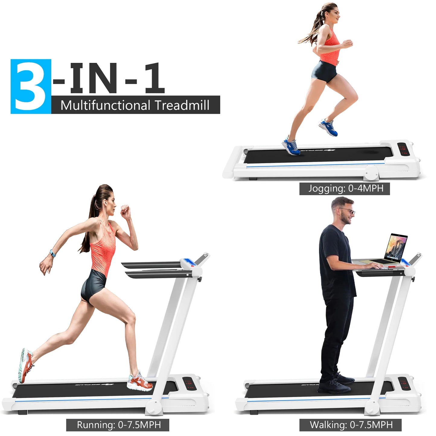 Goplus 2.25HP 3-In-1 Folding Treadmill W/Table Speaker Remote Home Office White