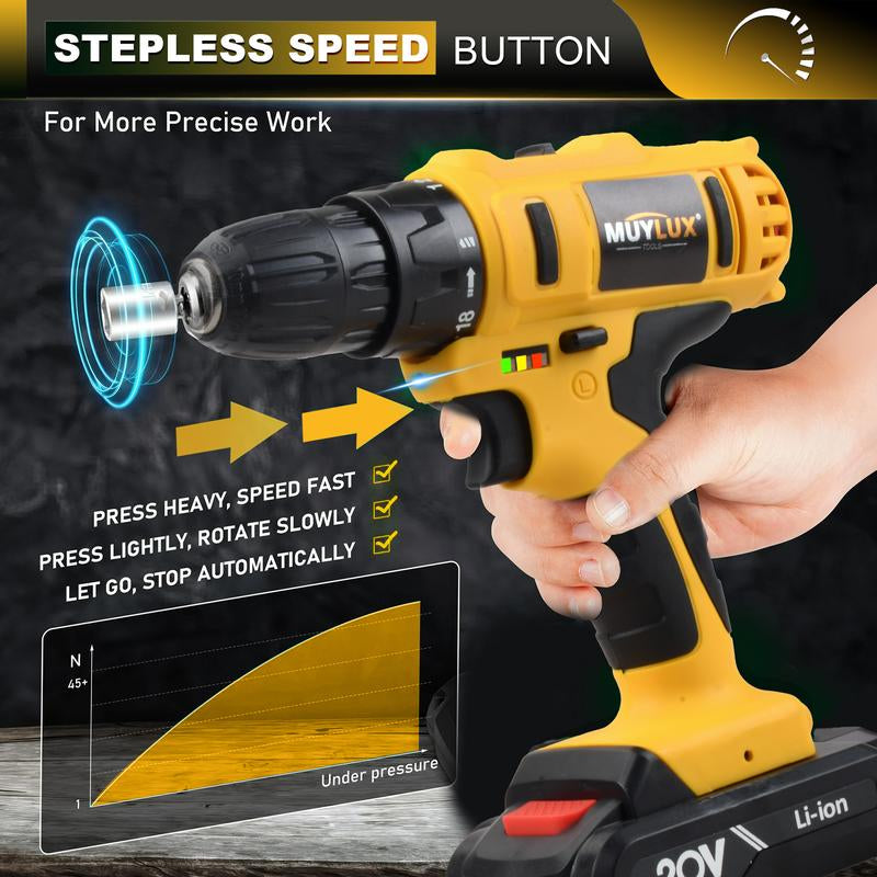 MUYLUX 20V Cordless Drill Set, 18+1 Torque Settings Electric Drill ,3/8 Inch Keyless Chuck, 2-Speed Level for Home Screwdriving and Drilling