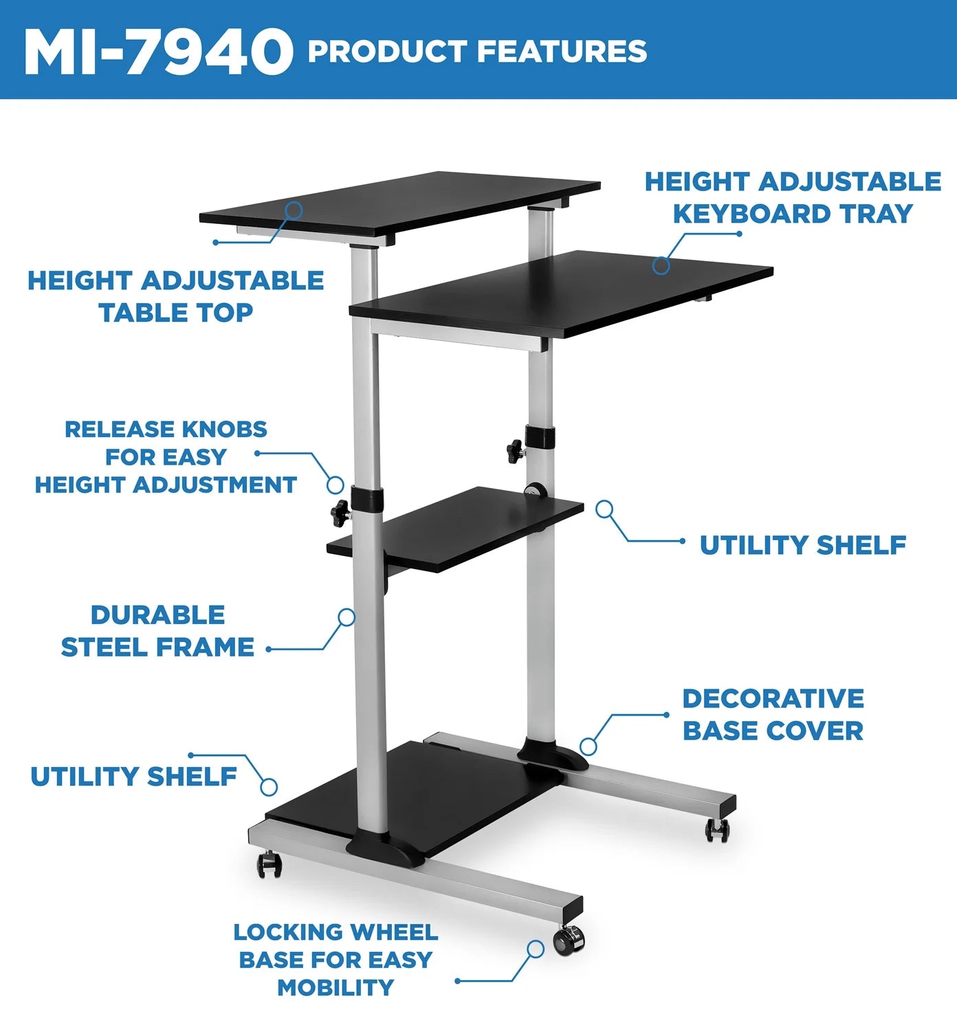 Mount-It MI-7940 Height Adjustable Computer Work Station Rolling Presentation Cart
