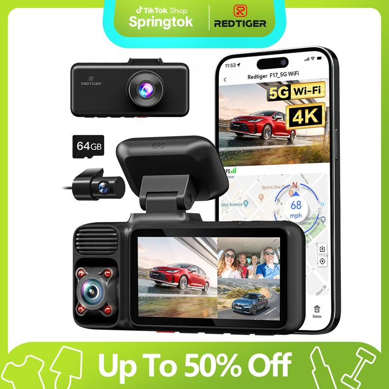 Redtiger F17 4K 3-Channel Dashcam + Hardwire Kit Double-4 Fuses with IR Night Vision & G-Sensor Emergency Recording Springtok