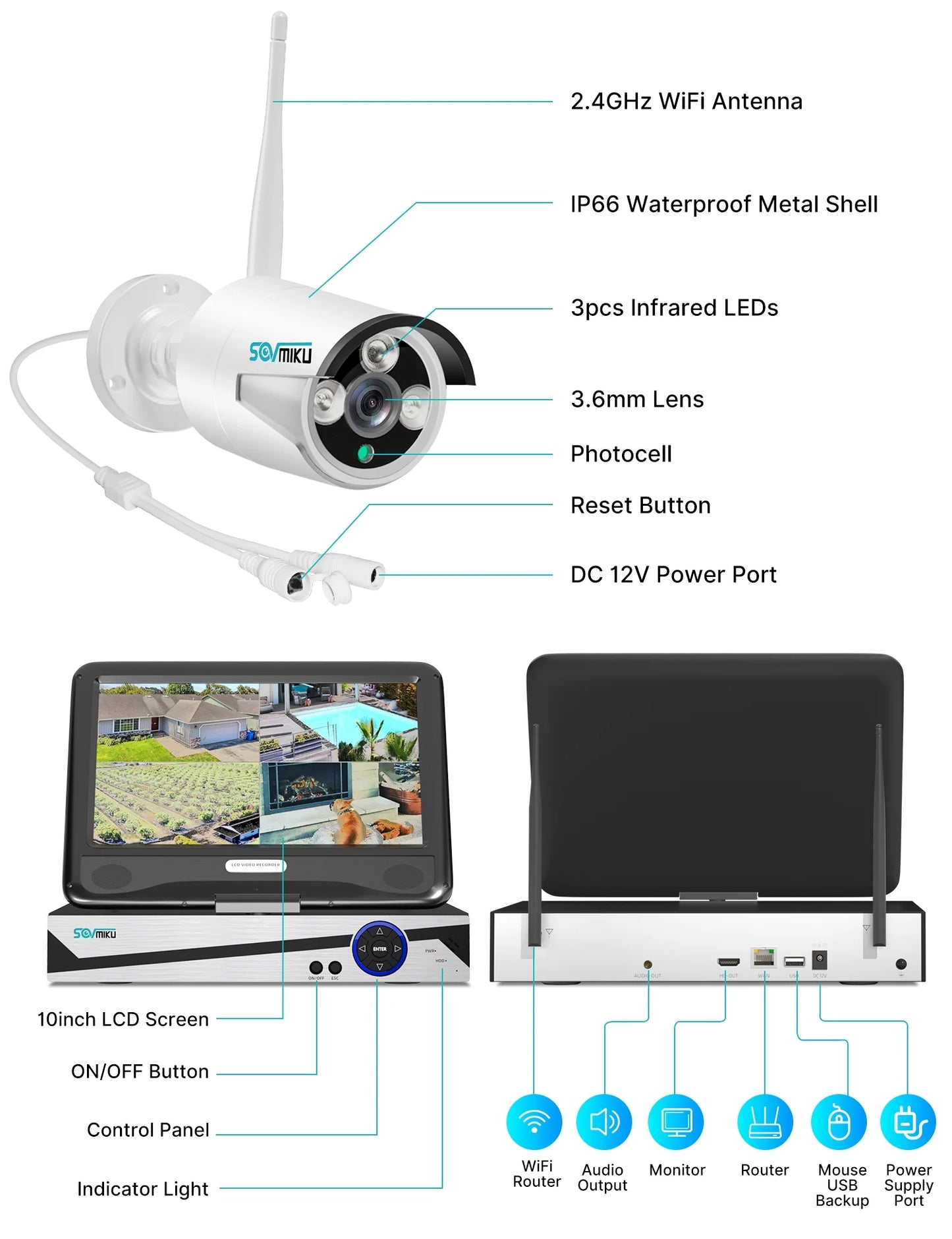 4Pcs 3MP Security Camera System with 10.1" Monitor, 1TB Hard Drive, Color Night Vision , IP66 Waterproof, Motion Alert