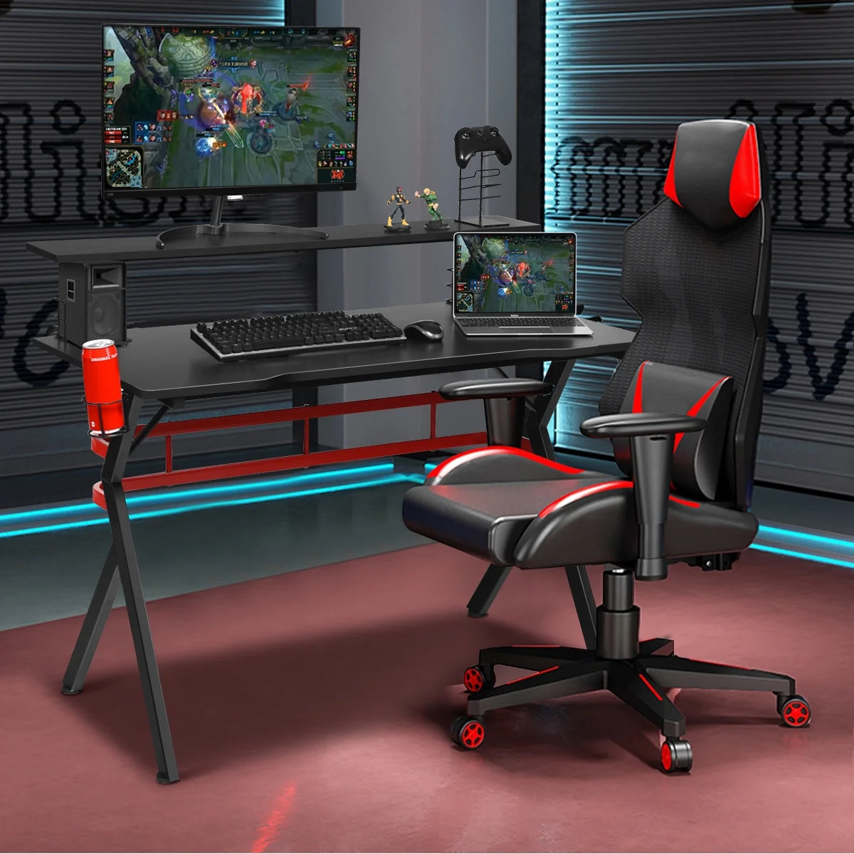 Gaming Computer Desk W/ Monitor Shelf & Storage for Controller Headphone Speaker